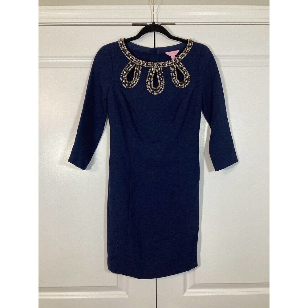 LILLY PULITZER $288 3/4 Sleeve Bronte Shift Dress in True Navy Size 0